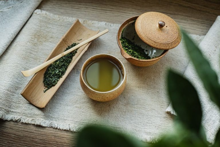 Grüner Tee, Tasse und Teeblätter
